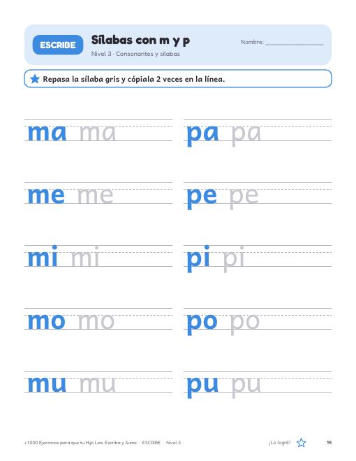 Página del cuadernillo ESCRIBE: sílabas con m y p
