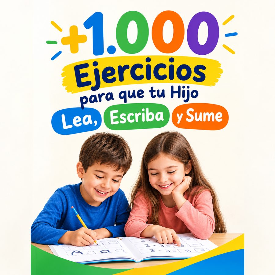 Portada: +1.000 Ejercicios para que tu Hijo Lea, Escriba y Sume, con dos niños haciendo los ejercicios